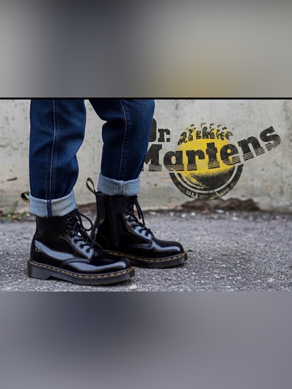 Authentic Dr. Martens girls signature black faux patent lace up combat boots 13